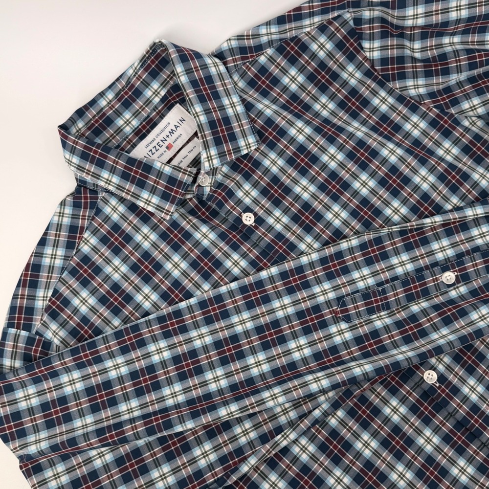 Mizzen+Main Leeward Collection Plaid Dress Shirt Large Tall Trim Fit Navy Red